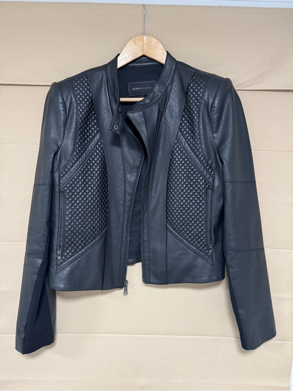 BCBGMAXAZRIA Black Quilted Faux Leather Moto Jacket